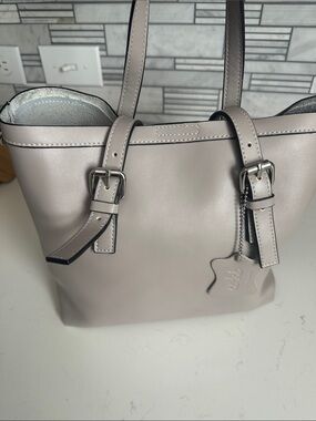 Women's Taupe Leather Tote with Buckle Strap Detail